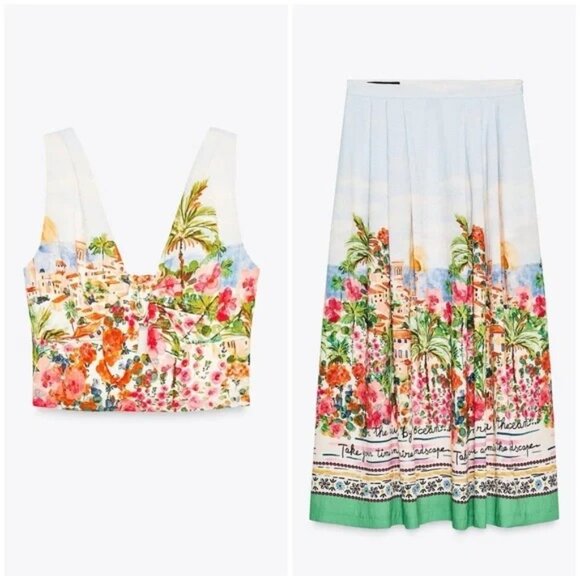 🌴 ZARA Printed Knot Top Midi Skirt Set Colorful Vibrant Art Scenery Print XS - Picture 1 of 16